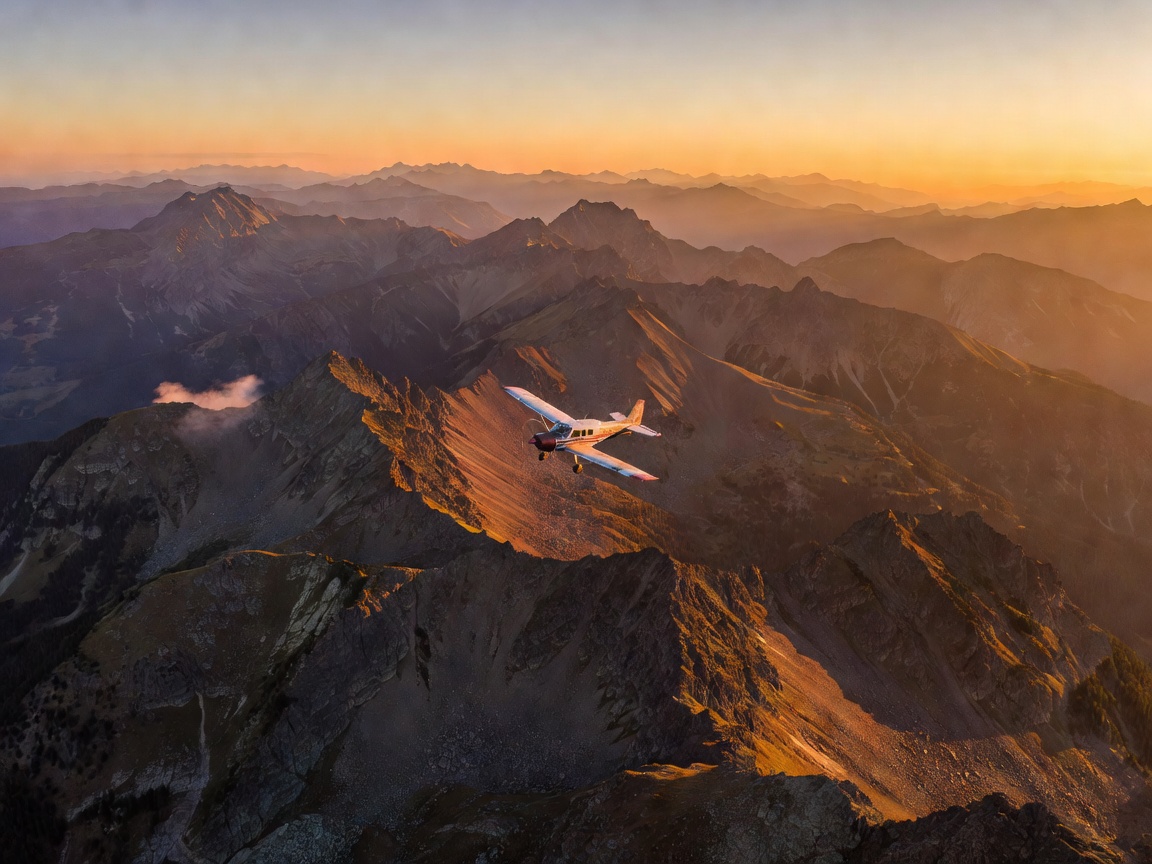 Airplane flying over mountains during sunset expedition