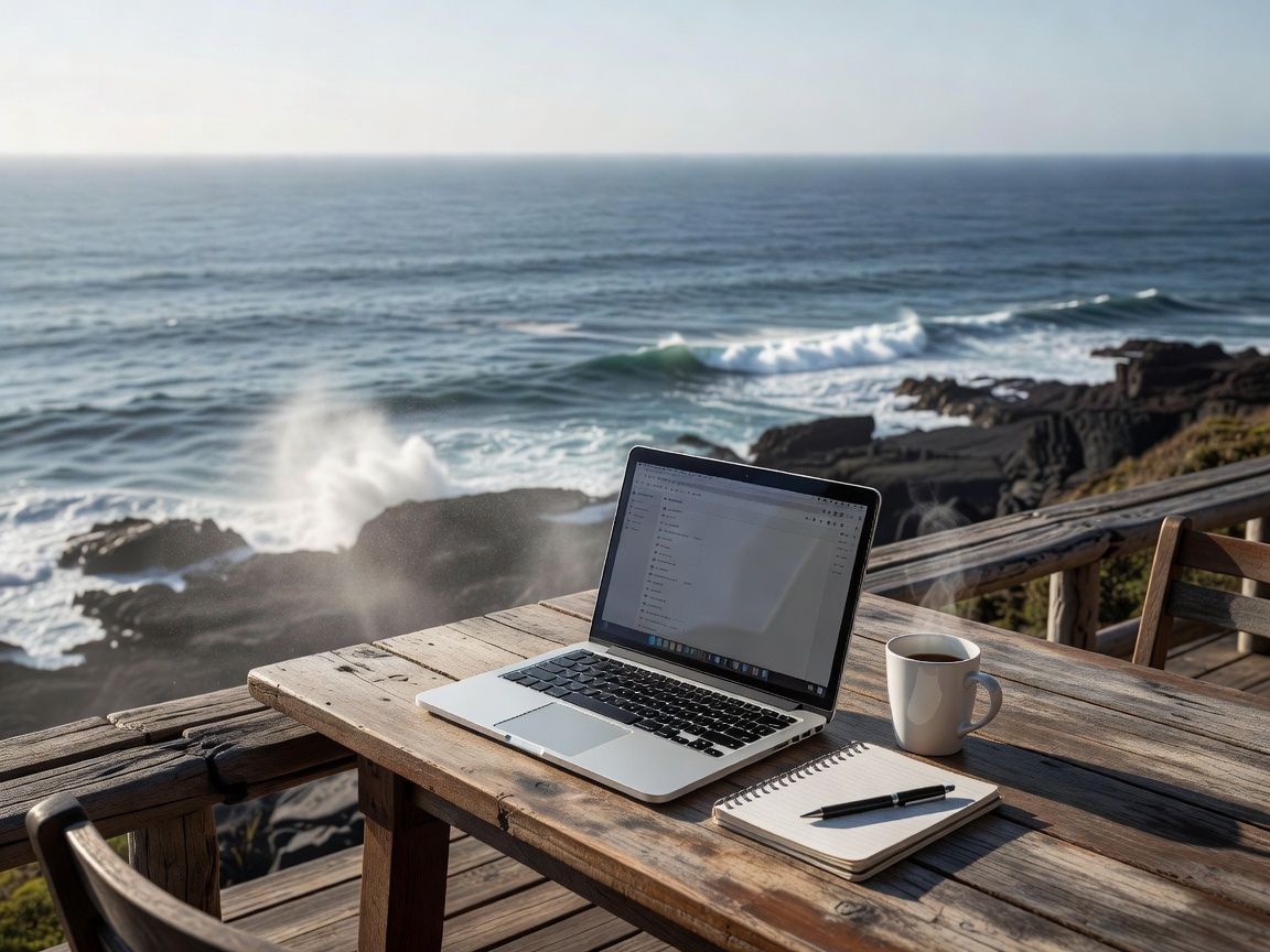 Remote work laptop setup at remote ocean view cafe